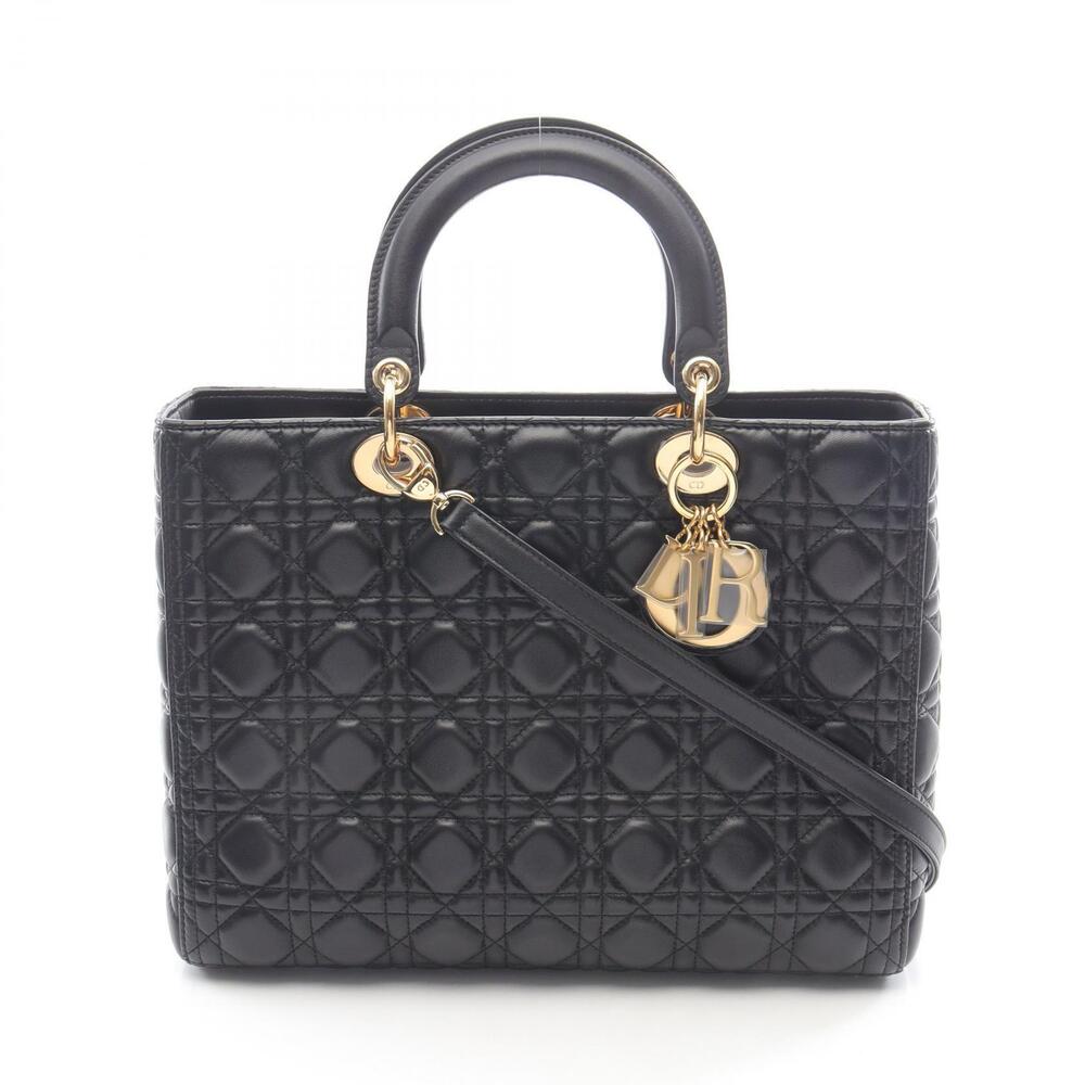 Christian Dior Lady Cannage Handbag Leather Black